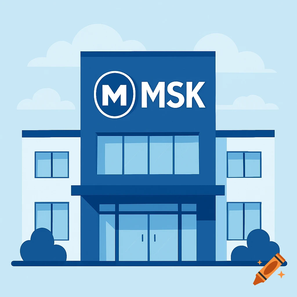 A flat illustration of a blue and white medical facility building with an 'MSK' logo against a cloudy sky.