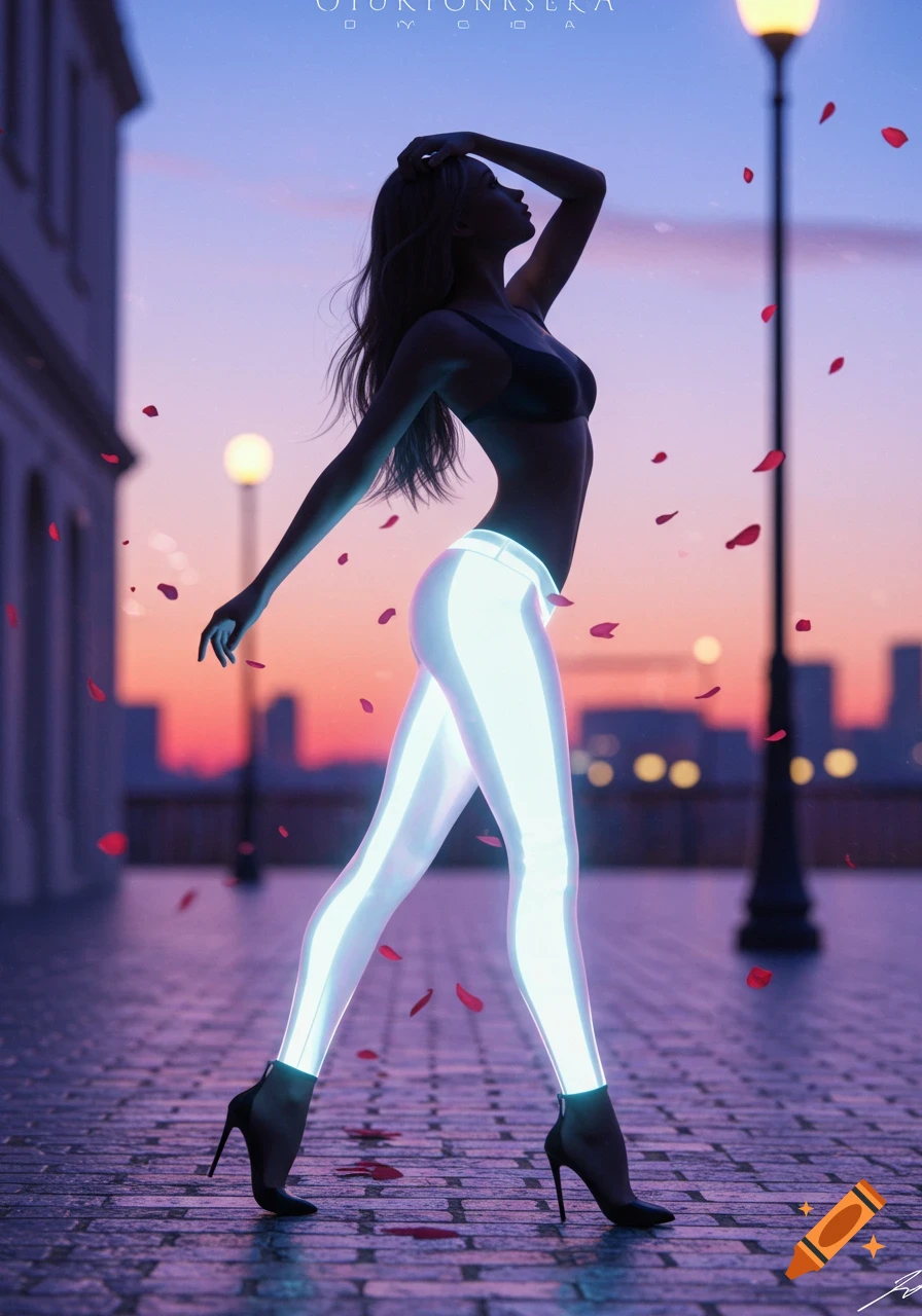 Stylized portrait of a woman in a bra and glowing white leggings walking on a city street at sunset with falling rose petals.