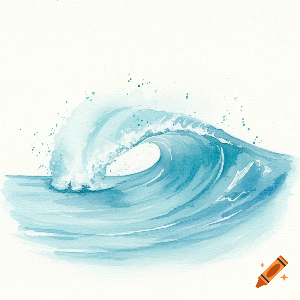 A minimalist watercolor painting of a blue ocean wave crashing.