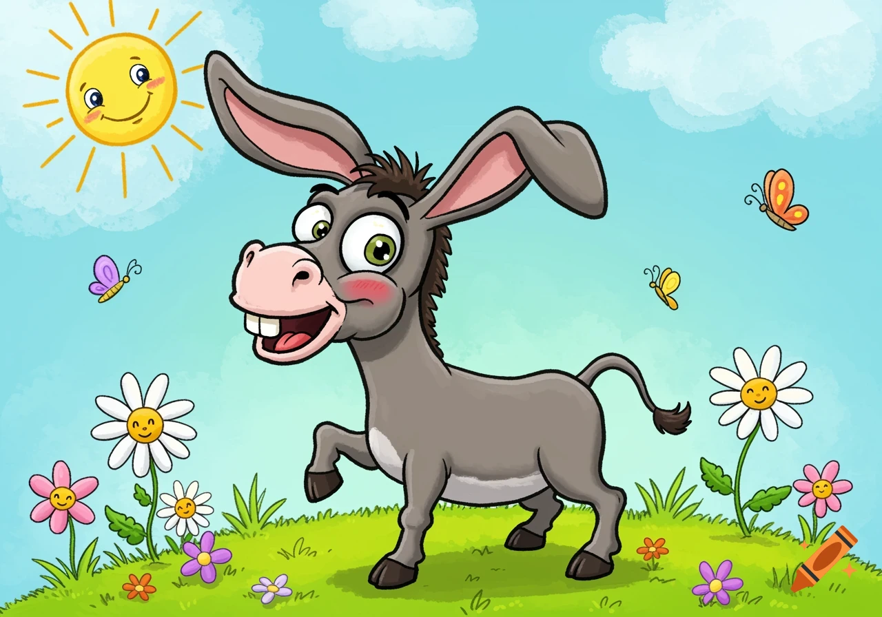 A happy cartoon donkey stands in a vibrant green field filled with colorful flowers and butterflies, under a bright blue sky with a smiling sun.