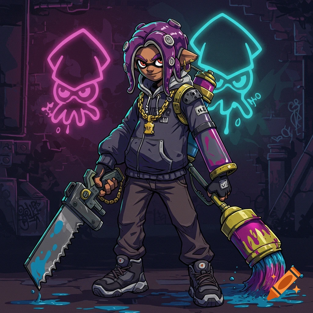 A stylized cartoon illustration of a confident, thug-style Splatoon character with purple tentacle hair, holding a paint-splatter saw-gun and a graffiti-covered brush, standing in an urban setting with neon squid logos.