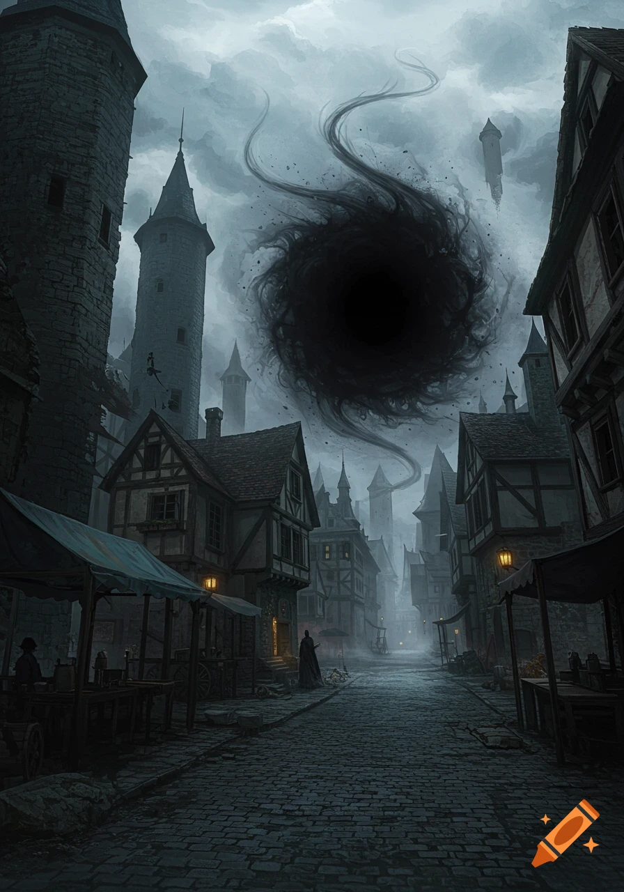 A dark, ominous void consumes a medieval town under a stormy sky, with cobblestone streets and stone buildings.