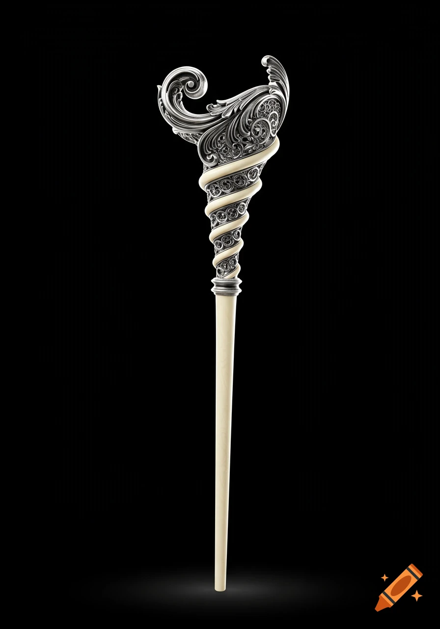 A slender, silver and ivory baroque wand with intricate carvings, set against a stark black background.