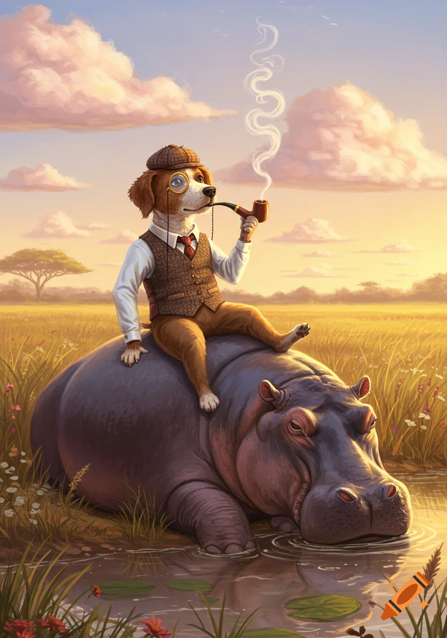A dapper beagle dog in a tweed suit and monocle smokes a pipe, riding a hippo in a golden savannah at sunset.