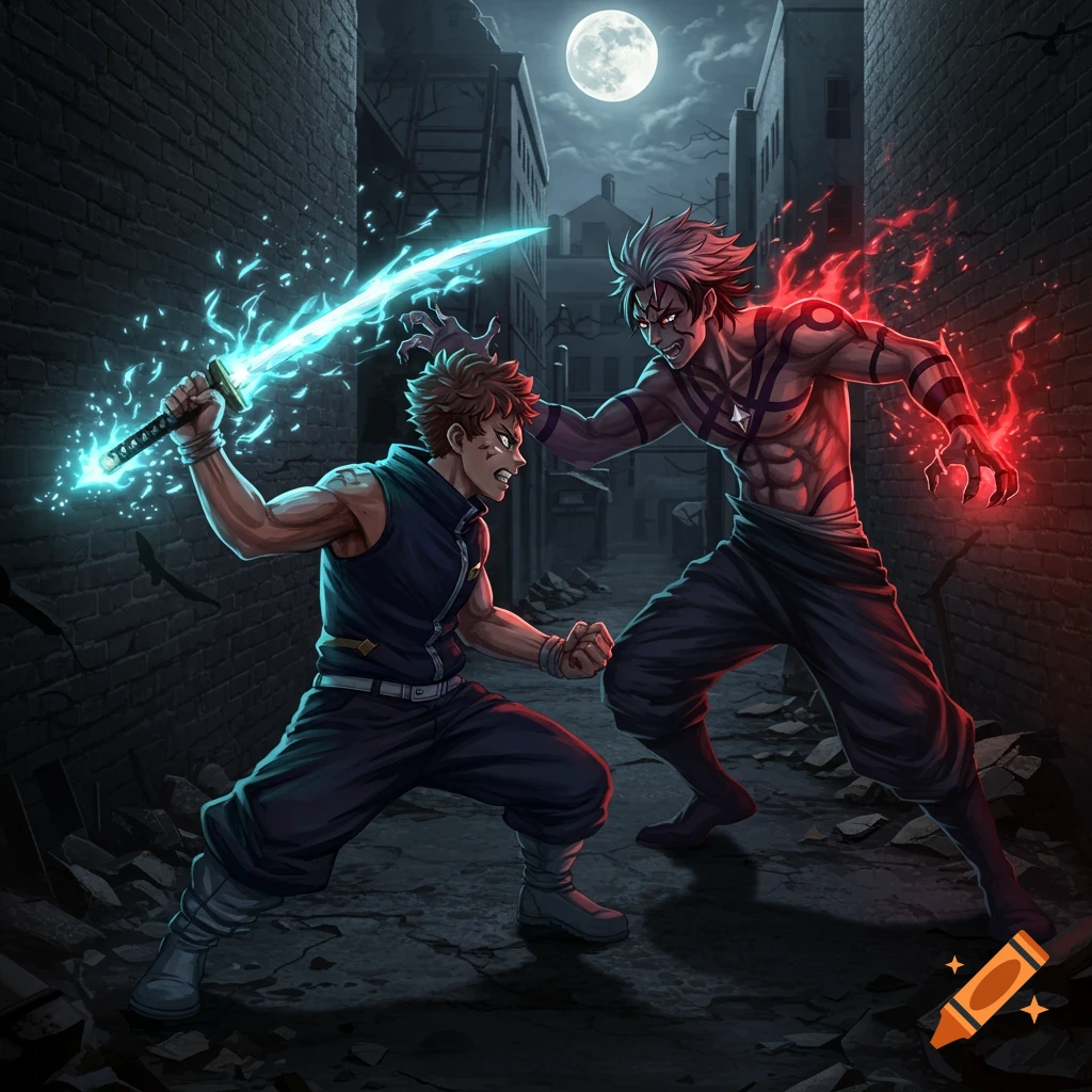 Anime-style characters Yuji Itadori and Sukuna battle in a dark alley under a full moon, one with a glowing blue sword, the other with red energy.