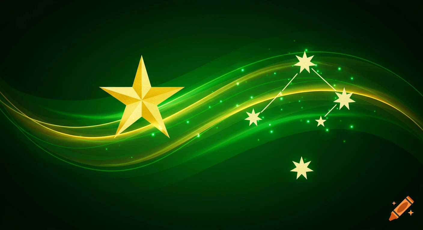 A stylized Australian flag design with a large gold five-point star and the Southern Cross constellation on a dark green background with glowing green and gold wavy lines.