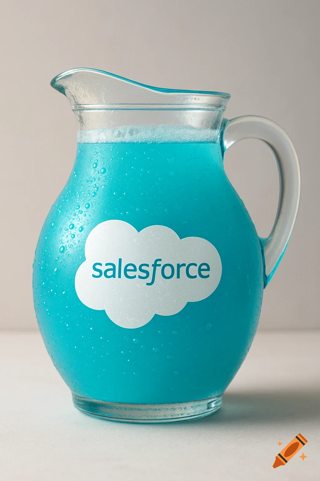 A clear glass pitcher filled with bright blue liquid, prominently displaying the white Salesforce cloud logo with text, and covered in condensation droplets, on a light background.