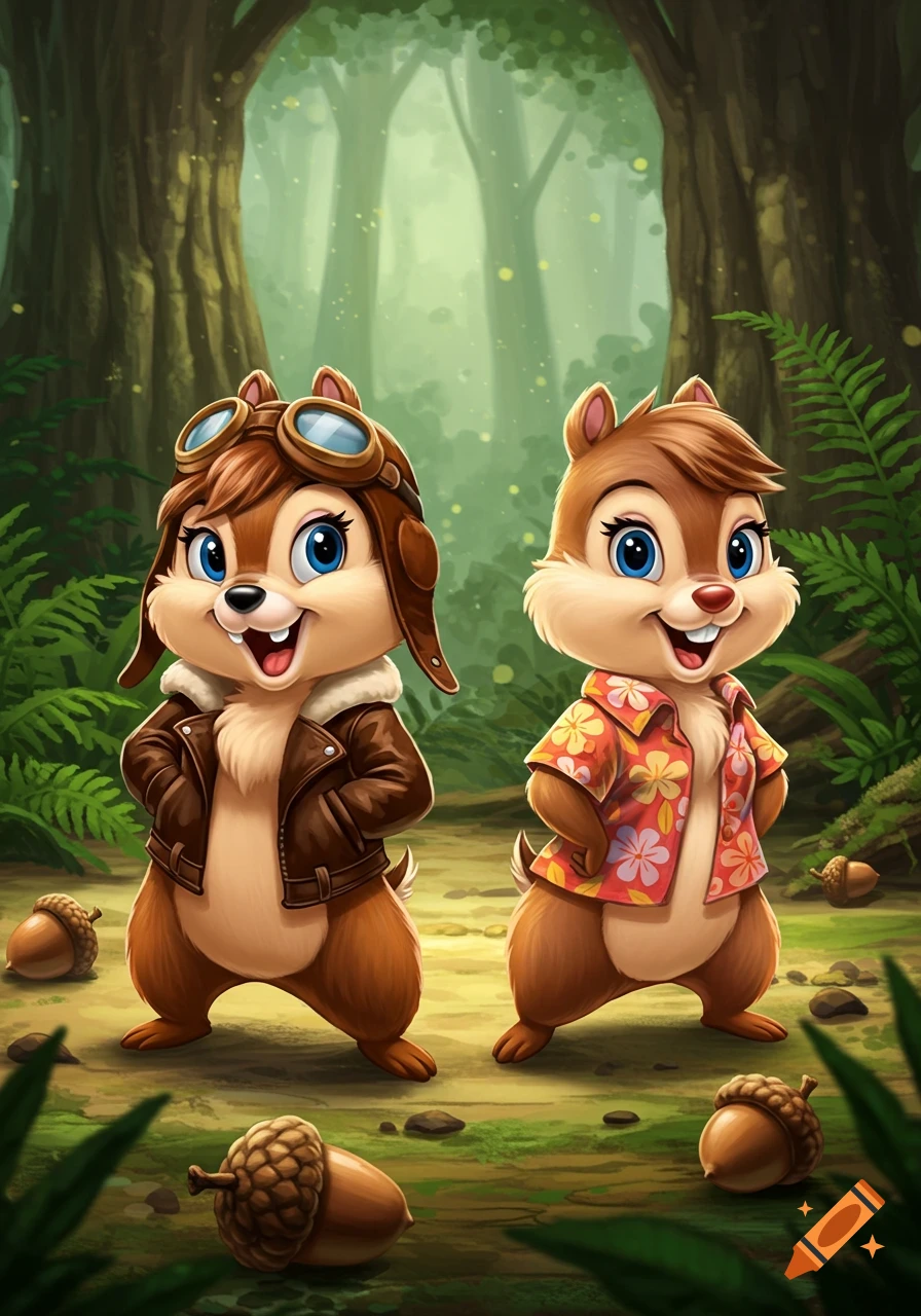 Two cartoon chipmunks, one in a pilot's jacket and goggles, the other in a Hawaiian shirt, stand in a lush forest with acorns.
