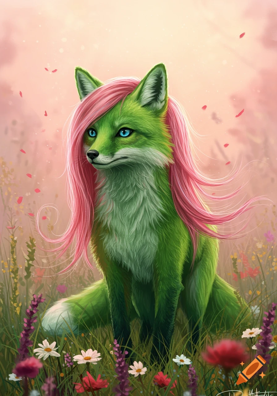 A vibrant green fox with flowing pink hair and bright blue eyes sits amidst a field of wildflowers at sunset in a detailed digital painting.