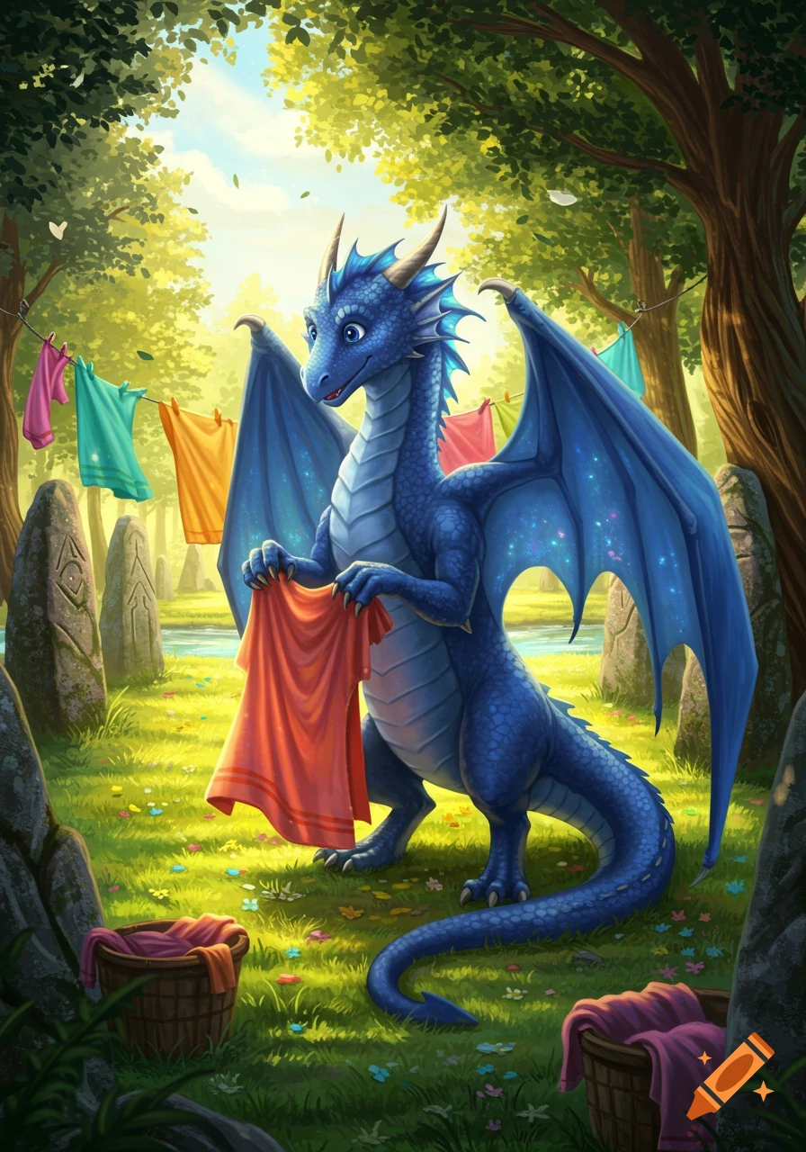 A cute blue dragon in a forest hangs red laundry on a clothesline, with other clothes drying and baskets of laundry nearby.