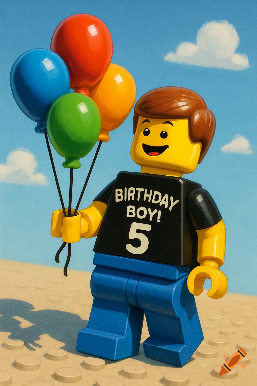 A Lego minifigure boy with brown hair in a black 'Birthday Boy! 5' shirt holds colorful balloons against a blue sky.