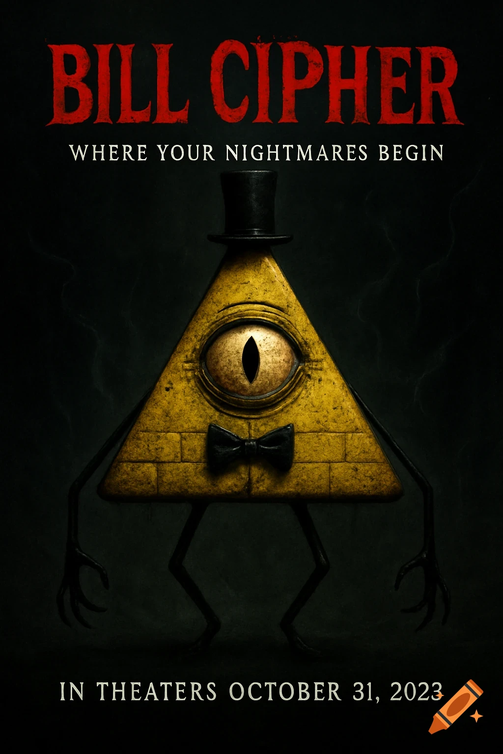 Horror movie poster of Bill Cipher, a yellow pyramid with an eye, top hat, and bow tie. Dark background.
