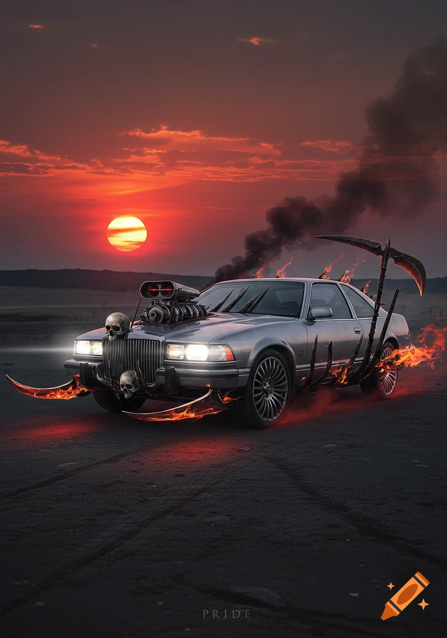 A grey muscle car customized with skull ornaments, flaming blades, and a large scythe, speeding on a dark road under an apocalyptic orange sunset.
