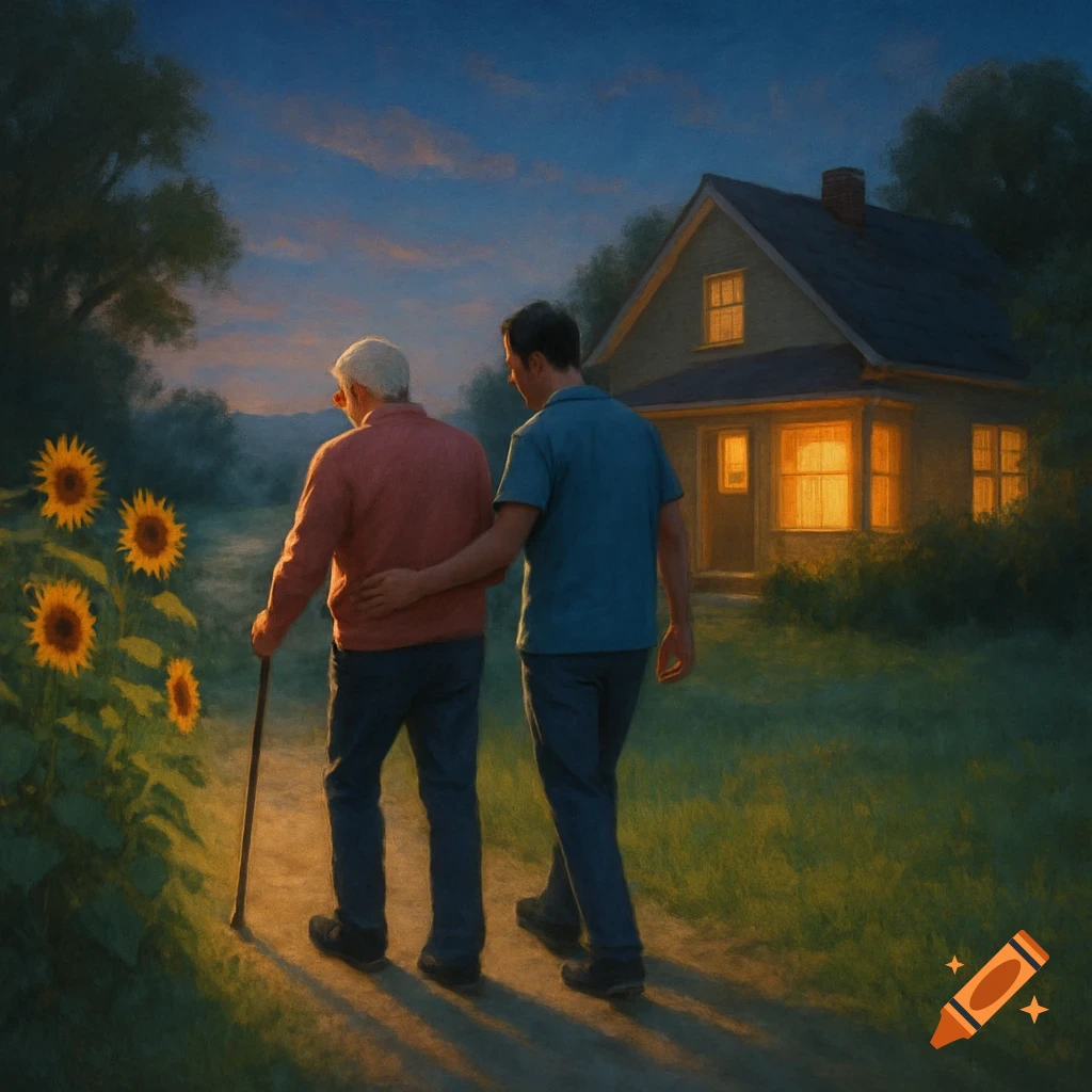An elderly man, aided by a younger man, walks past sunflowers towards a glowing house at dusk.