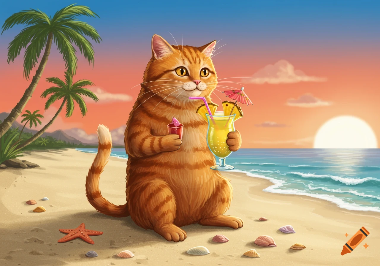 A cartoon orange tabby cat on a sandy beach at sunset, holding two tropical drinks.