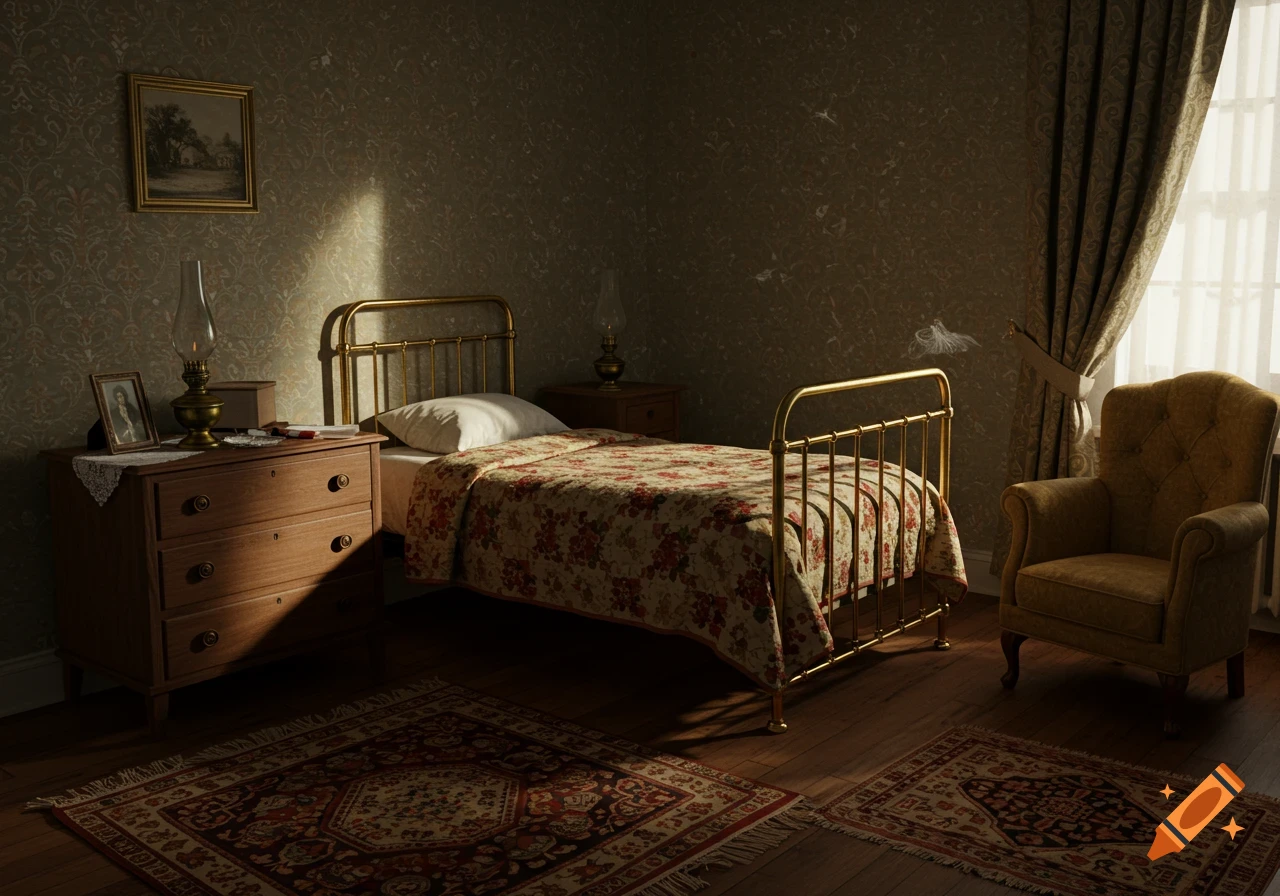 A dimly lit bedroom in a 1900s boarding house, featuring a brass bed, floral quilt, wooden dresser, and armchair.