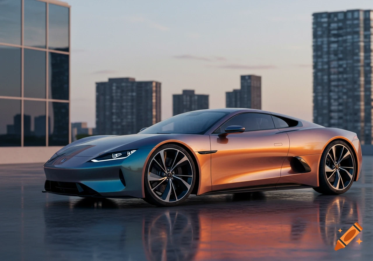 Photorealistic image of a sleek, modern sports car with a gradient iridescent paint job, parked on a reflective surface in a city at sunset.