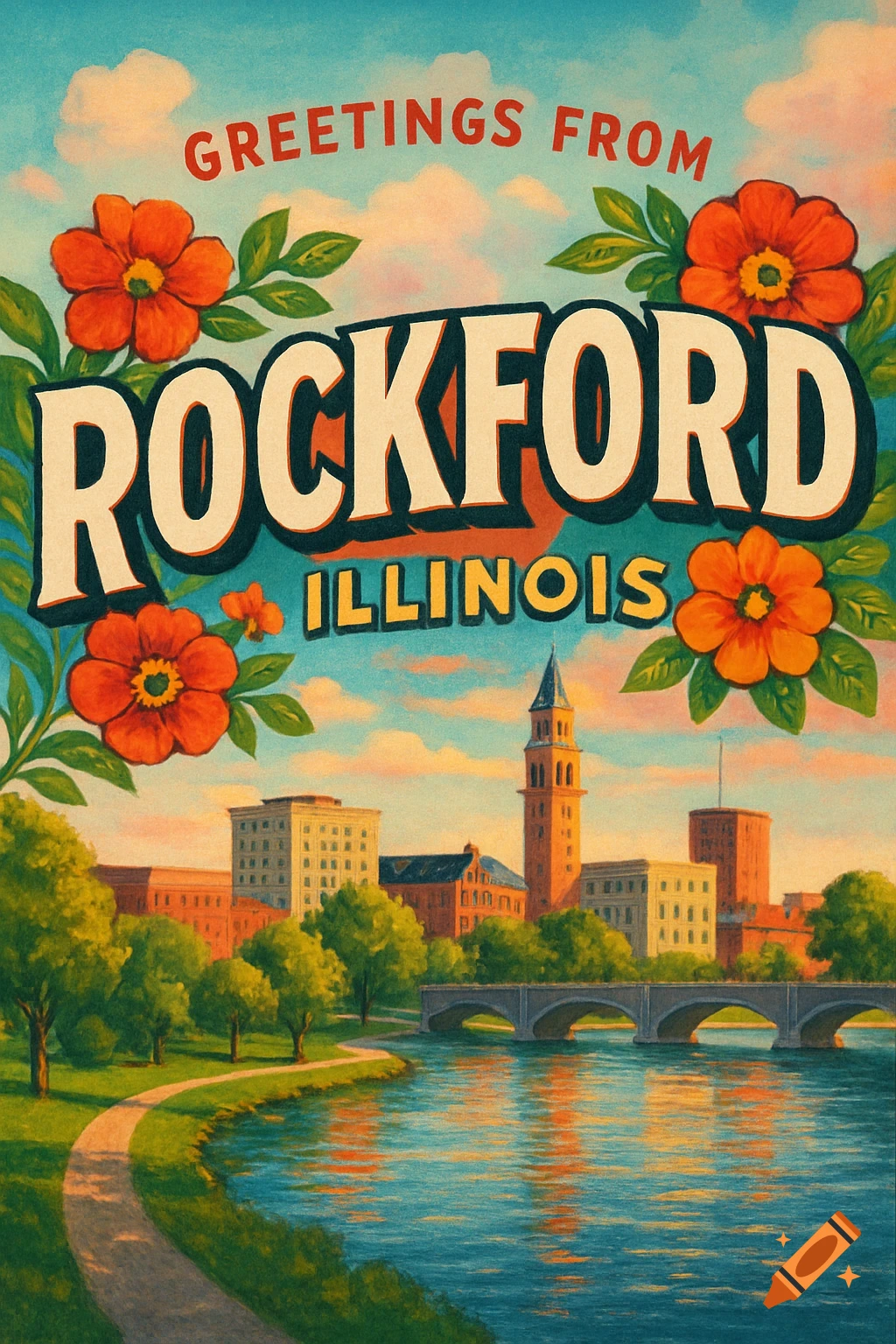 A vintage-style travel postcard of Rockford, Illinois, featuring prominent text "GREETINGS FROM ROCKFORD ILLINOIS" over a landscape with a river, bridge, and city buildings under a partly cloudy sky with orange flowers.