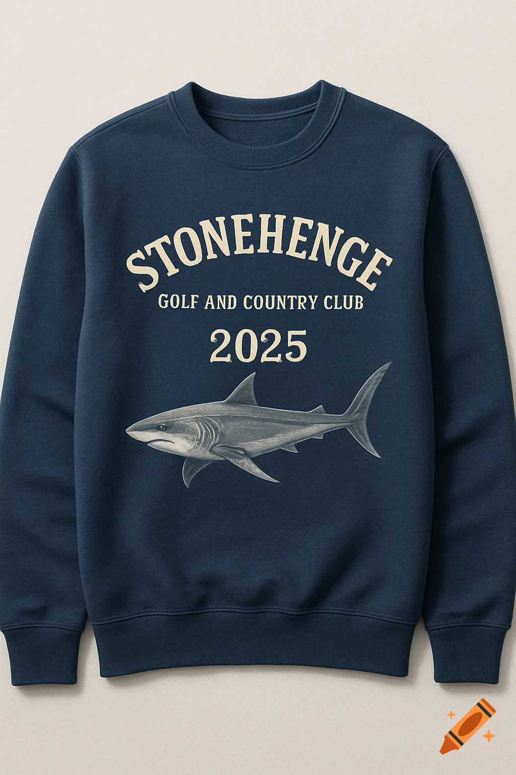 A dark blue sweatshirt with "STONEHENGE GOLF AND COUNTRY CLUB 2025" text and a shark illustration.