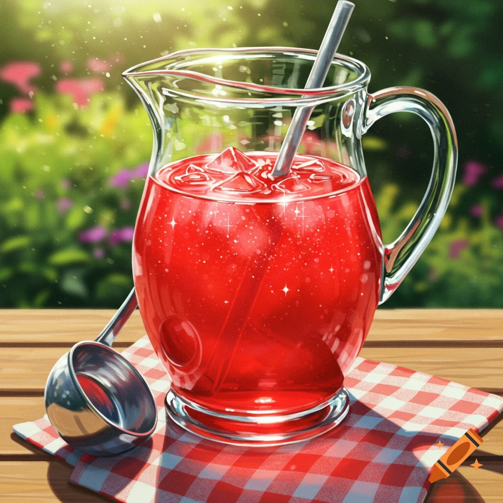 A clear pitcher of sparkling red Kool-Aid with ice and a straw on a red and white checkered napkin on a wooden table outdoors.