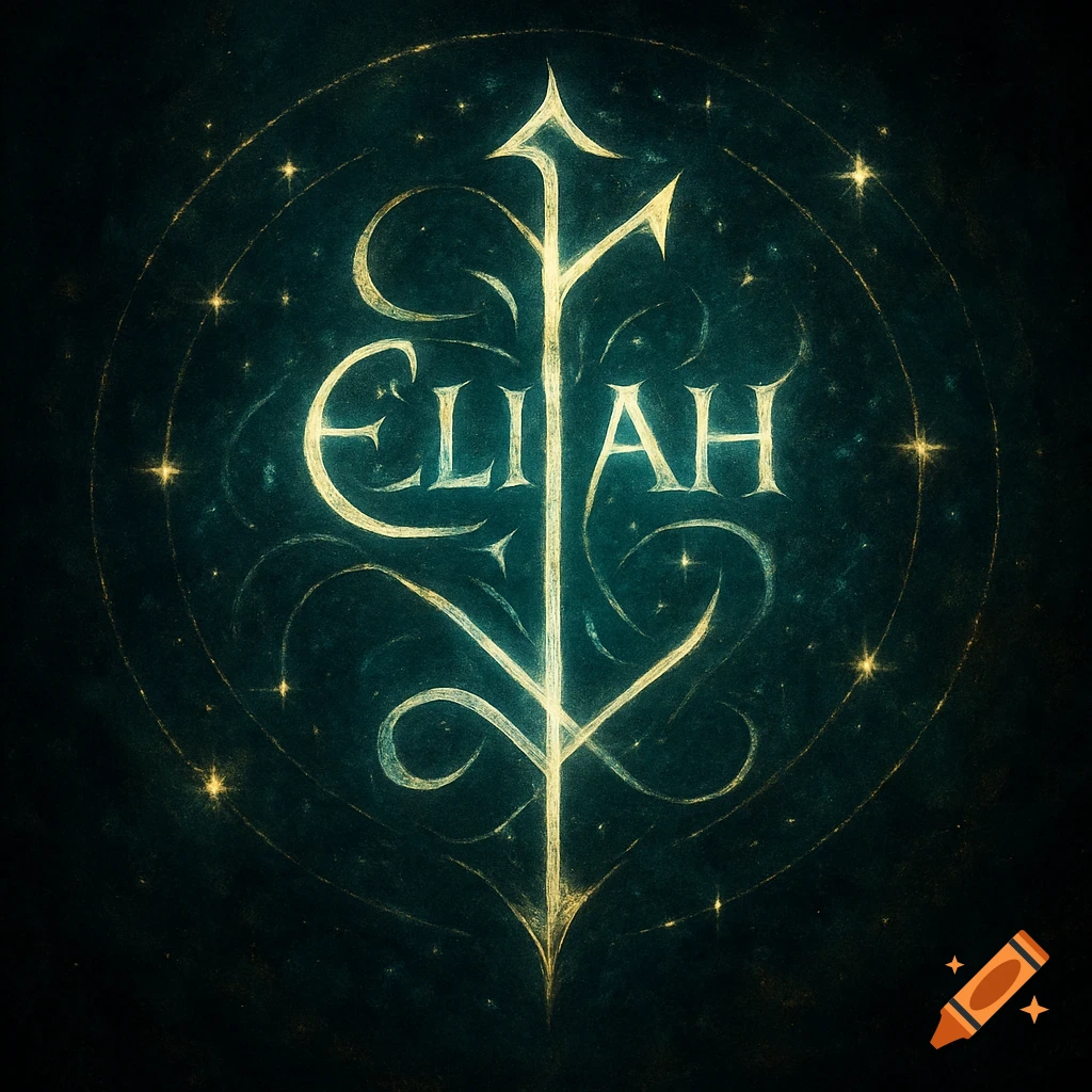 A glowing golden symbolic design incorporating the name 'ELIJAH' against a dark, starry, teal-blue cosmic background.
