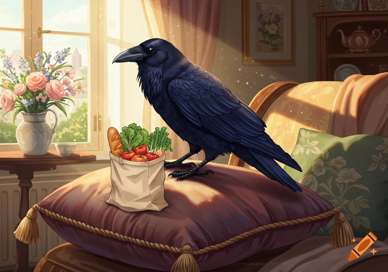 A large black raven stands on a maroon pillow with a small grocery bag of fruit, bread, and lettuce. The scene is a sunlit room with a window and flowers.