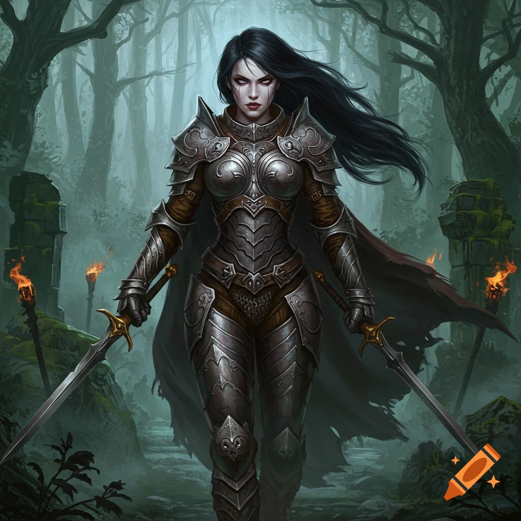 A female warrior with long black hair and pale skin, wearing ornate silver armor, holds two swords in a dark, misty forest with torches and ruins.