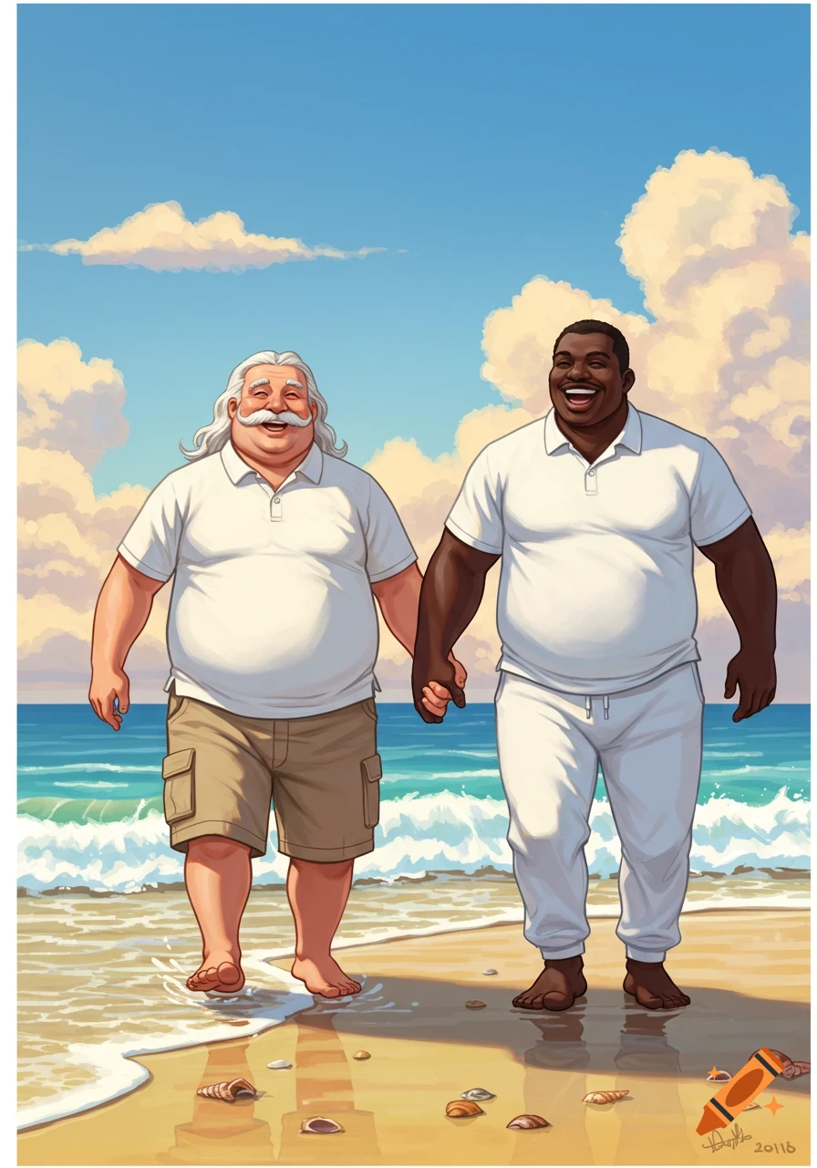 Two men, one white with a mustache and one black, holding hands and walking along a sandy beach with waves under a blue sky.