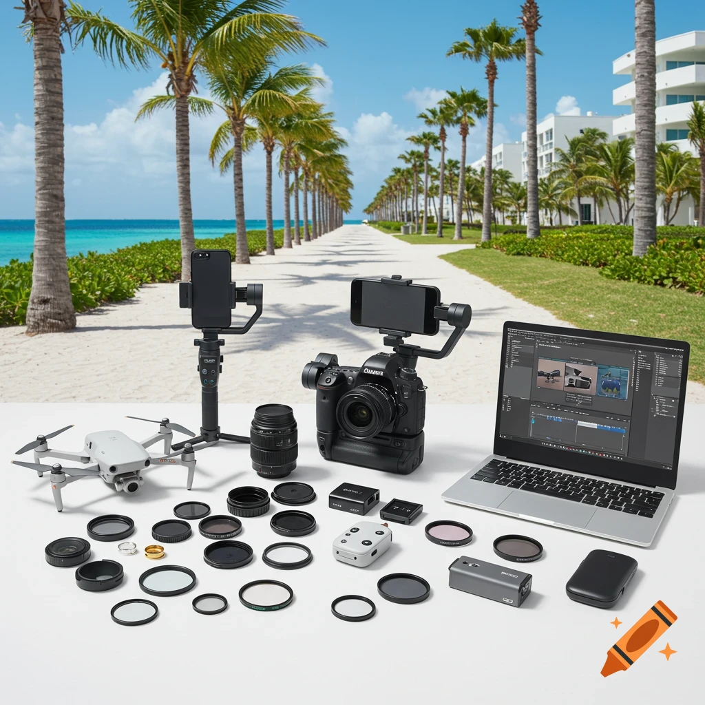 A flat lay of professional photography and videography equipment, including cameras, lenses, a drone, and a laptop, arranged on a white surface with a tropical beach and palm tree-lined walkway in the background.