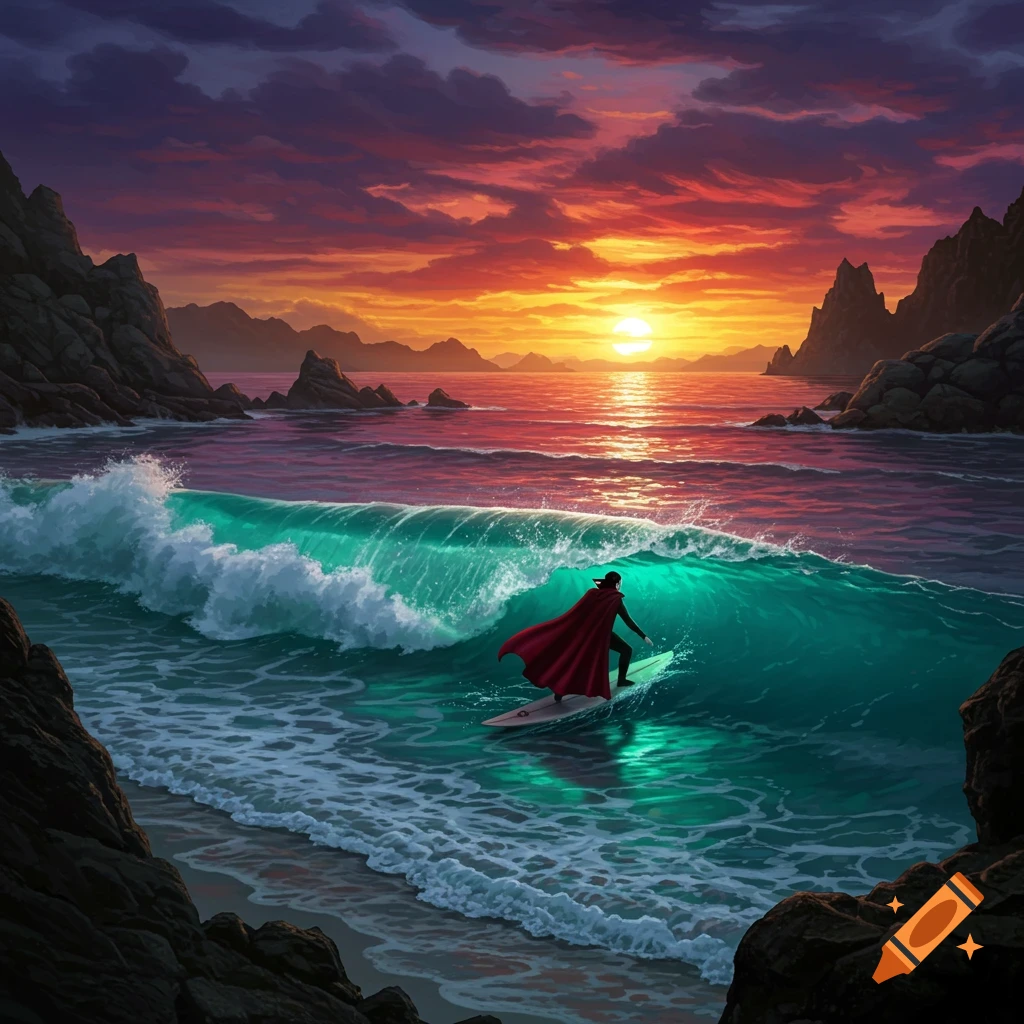 A person in a red cape surfs a vibrant teal wave as the sun sets over a rocky ocean bay.