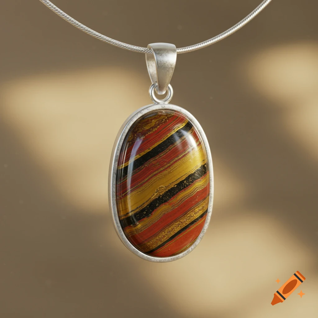 A close-up shot of a sterling silver pendant featuring an oval tiger iron cabochon with red, gold, and black stripes.