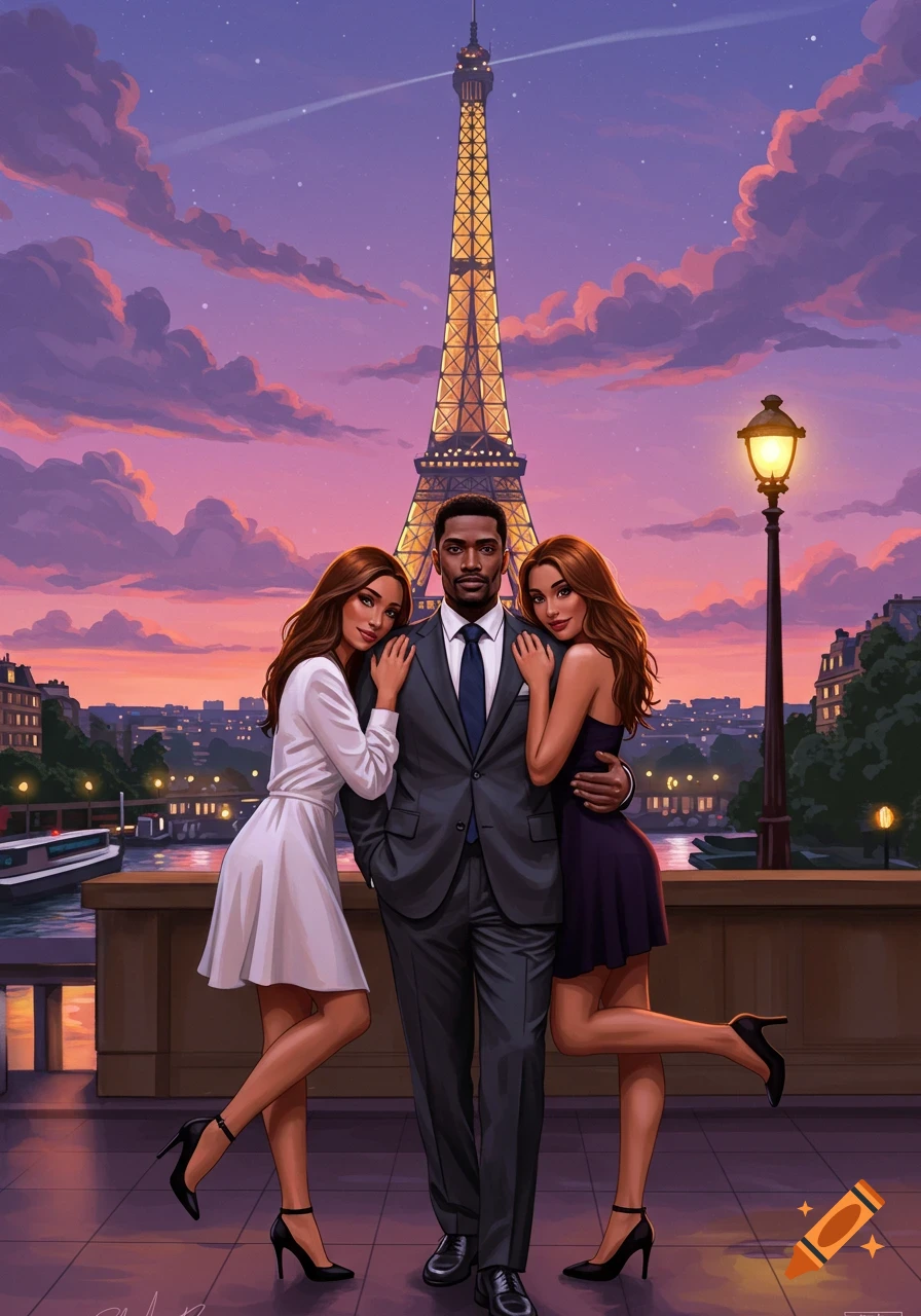 An illustration of a man and two women embracing in front of the Eiffel Tower at sunset in Paris.
