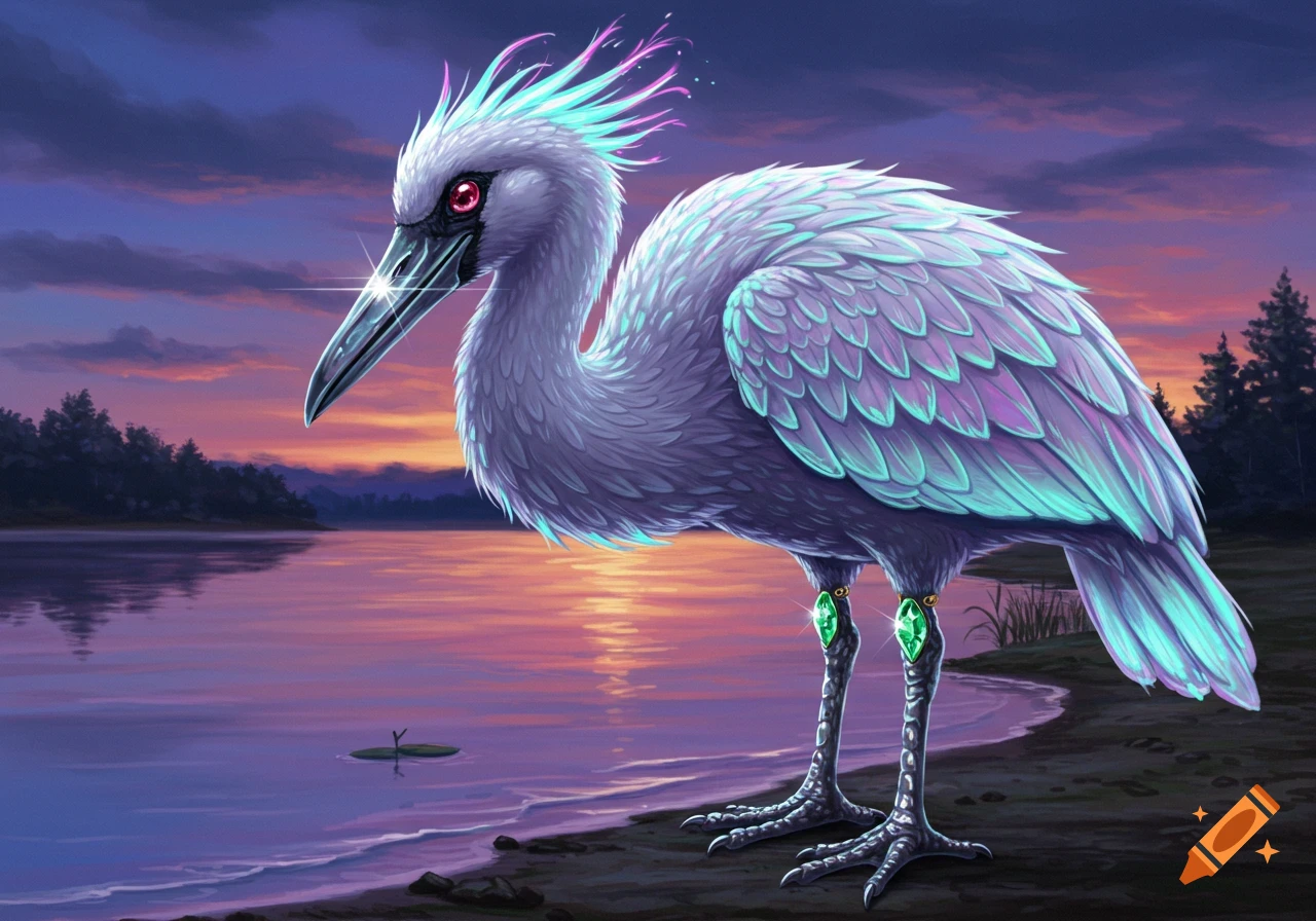 A majestic, glowing white and teal fantastical bird with ruby eyes and emerald leg bands stands at the edge of a lake at sunset.