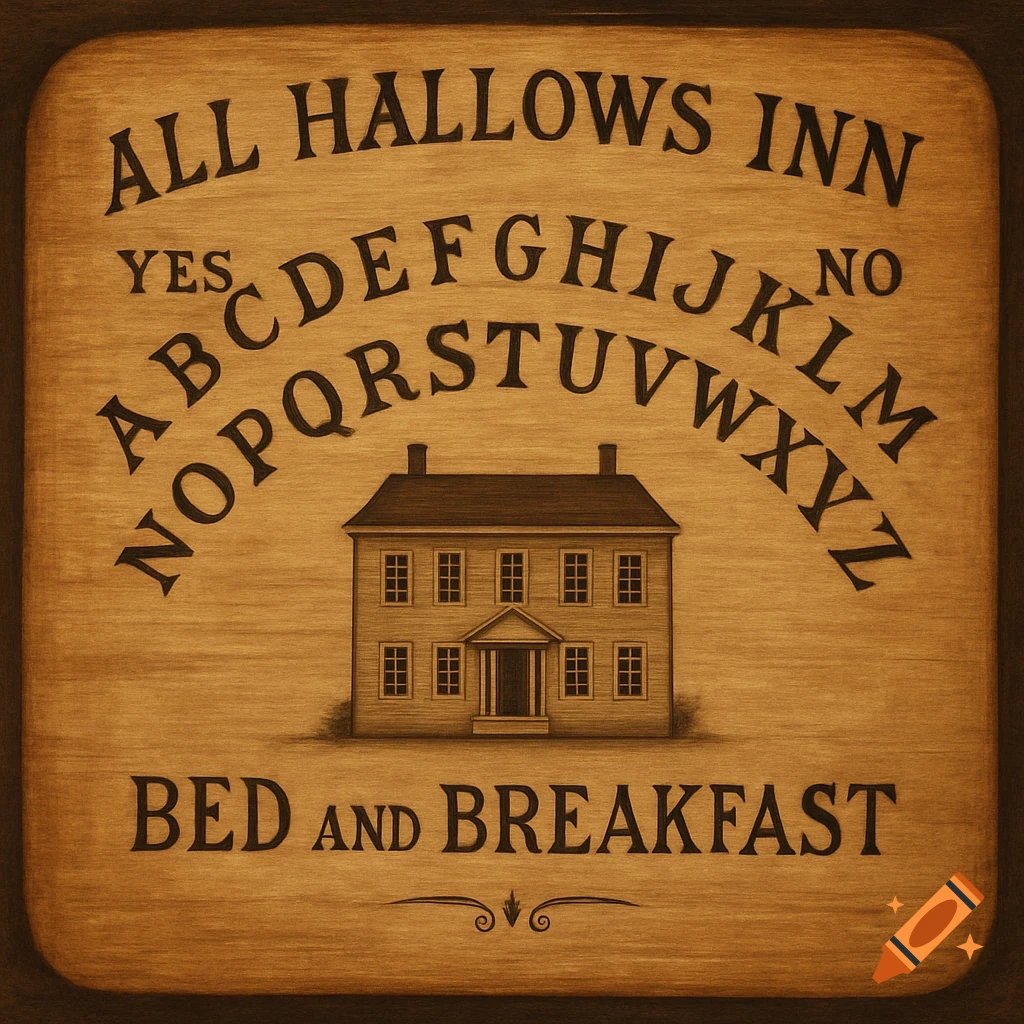 A wooden Ouija board featuring a federal-style house, the alphabet, 'YES', 'NO', 'All Hallows Inn', and 'Bed and Breakfast' text.