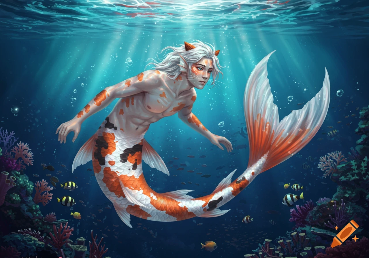 A male mermaid with white hair and orange cat-like ears, whiskers, and a spotted orange, black, and white koi fish tail swims gracefully in a brightly lit underwater reef surrounded by fish and coral.