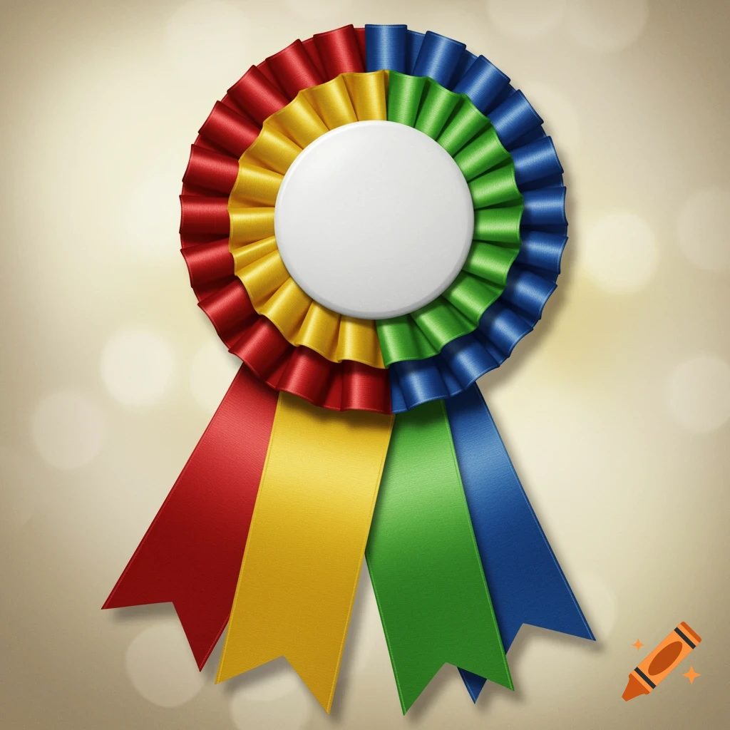 A vibrant multi-colored rosette with ruffled ribbons and hanging streamers on a light background.