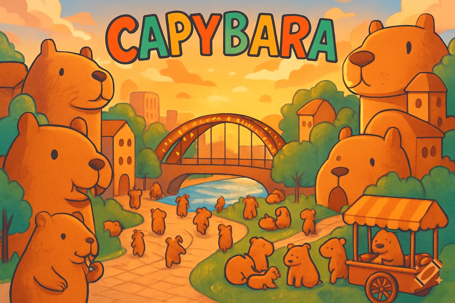 A vibrant cartoon illustration of a city bustling with many capybaras, featuring a bridge over a river and the title 'CAPYBARA' across the top.