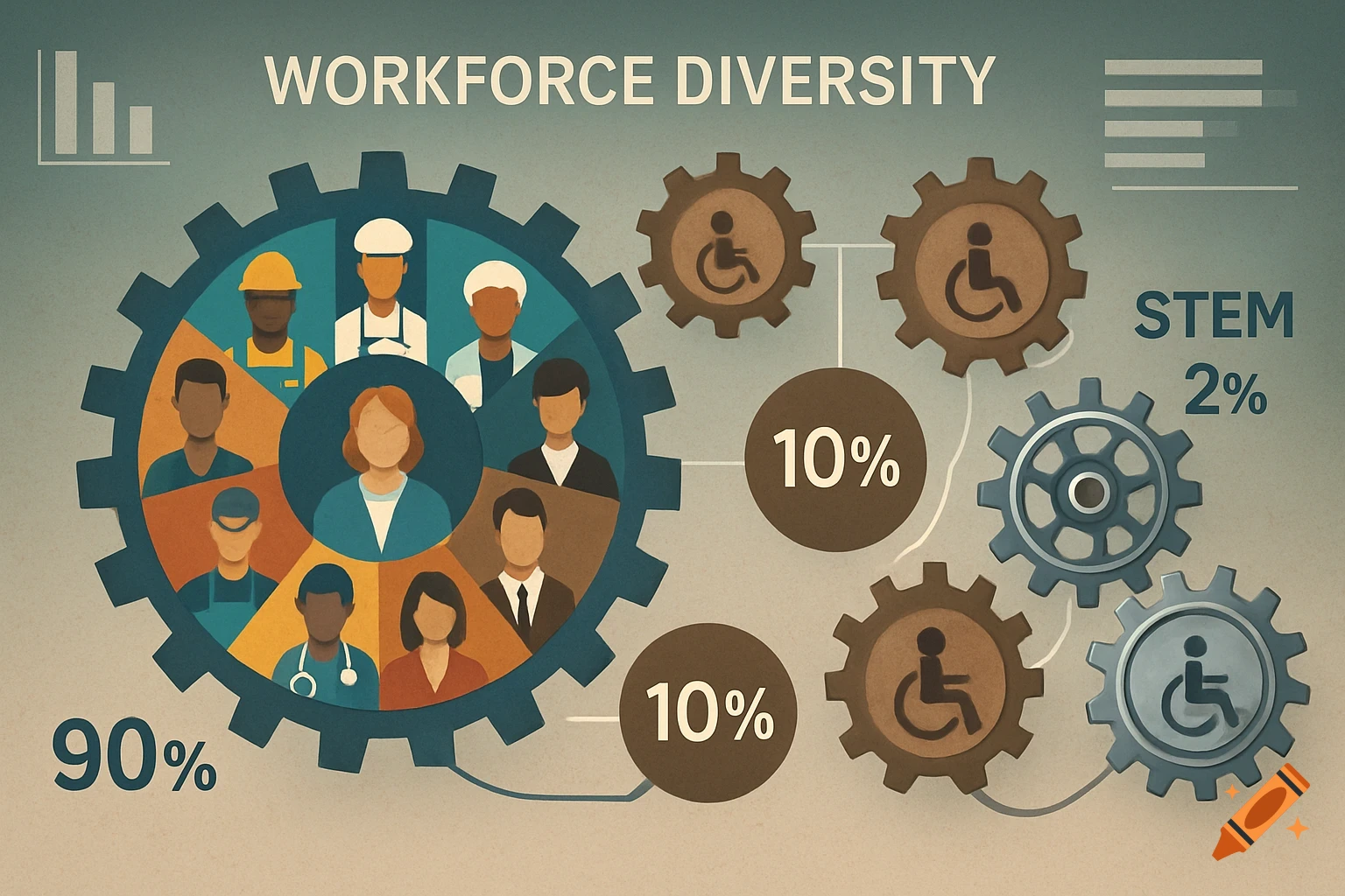 An infographic illustrating workforce diversity, showing diverse workers within a large gear and smaller gears indicating 10% disabled workforce and 2% disabled STEM workforce.