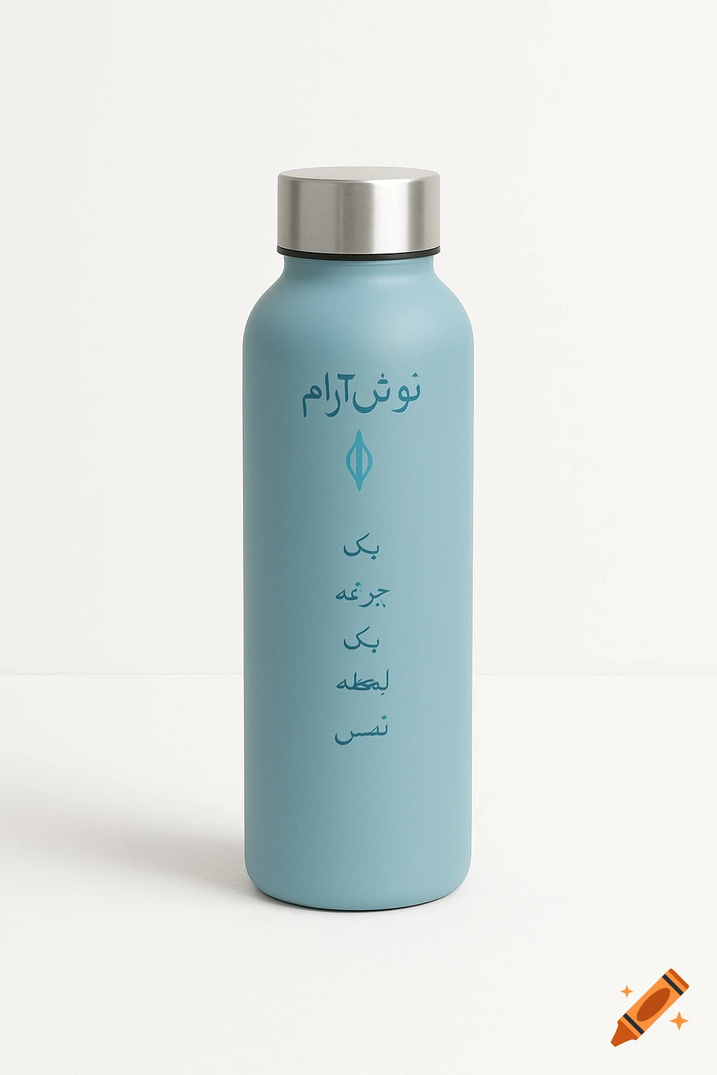 A light blue matte water bottle with a silver cap, featuring elegant Persian text and a leaf logo on a white background.
