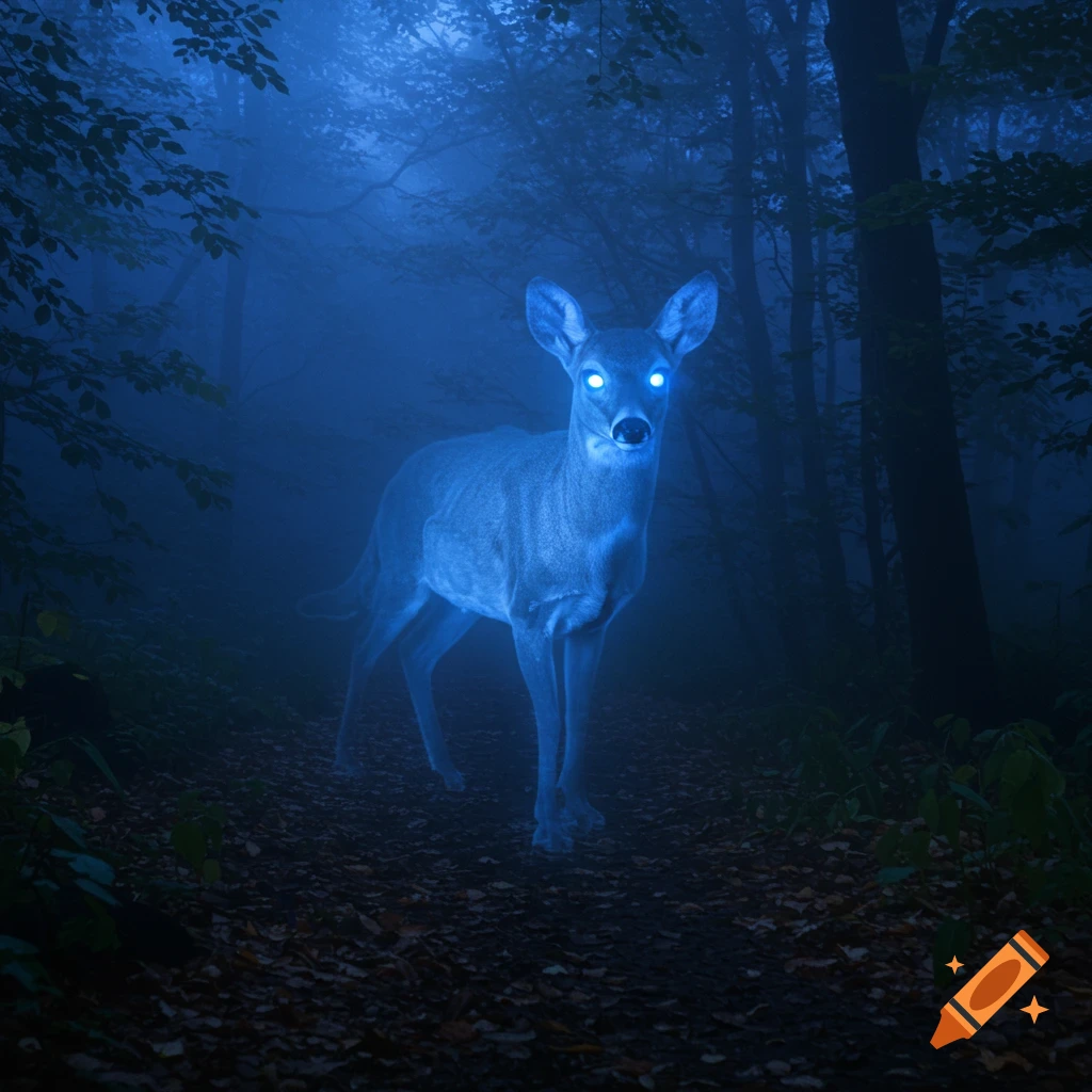 A glowing blue deer stands on a misty forest path, its eyes bright in the dark.