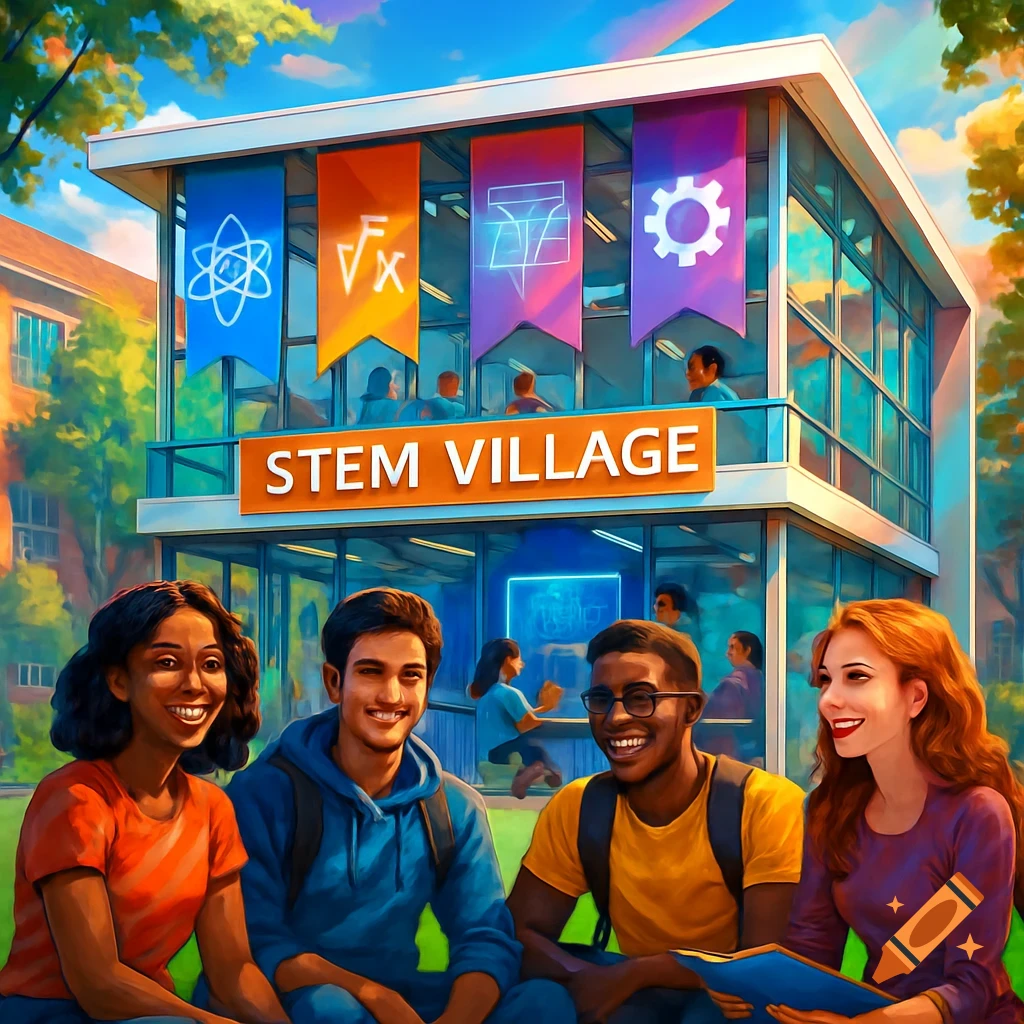 Four diverse students smiling in front of a modern building with a "STEM VILLAGE" sign and banners depicting science, math, and engineering symbols, rendered in a vibrant digital painting style.