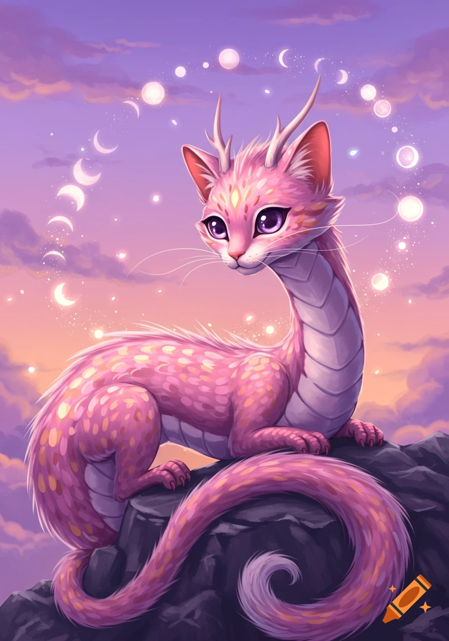 A pink dragon with cat features sits on a rock under a purple and pink sky with moons and glowing orbs, digital art.