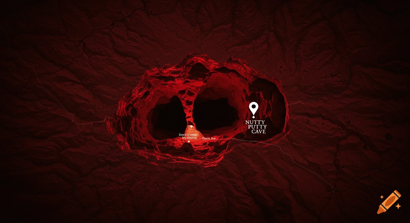 A stylized map showing the Nutty Putty Cave in Utah with eerie, blood-red shading and a dark, cavernous appearance.