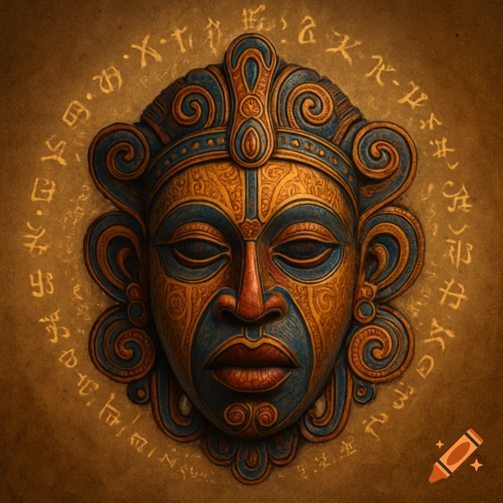A decorative, ornate Yoruba mask in gold and blue, surrounded by a circular pattern of pseudo-text on a textured brown background.