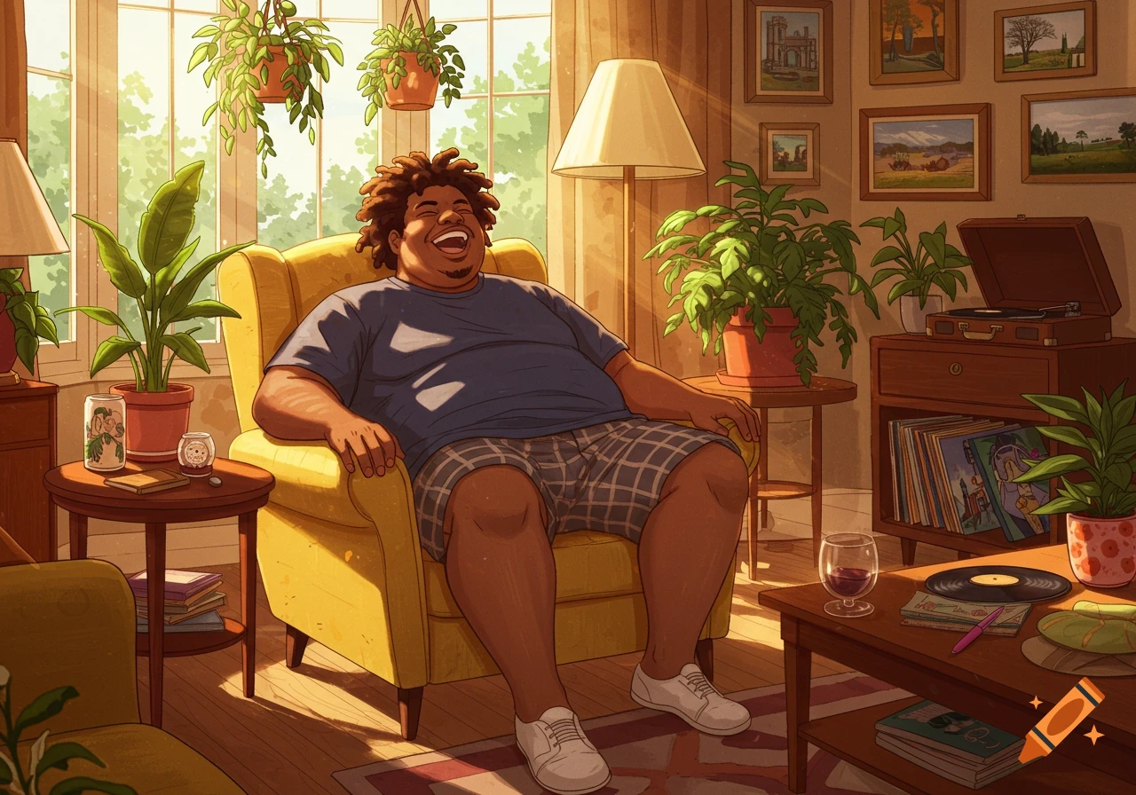 A man with curly hair laughing loudly while relaxing in a yellow armchair in a sunlit room filled with plants and decor. Illustrative style.