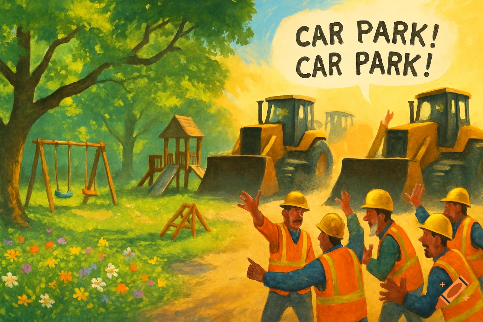 A painted scene of workmen and bulldozers approaching a children's playground, with a speech bubble saying "CAR PARK! CAR PARK!".