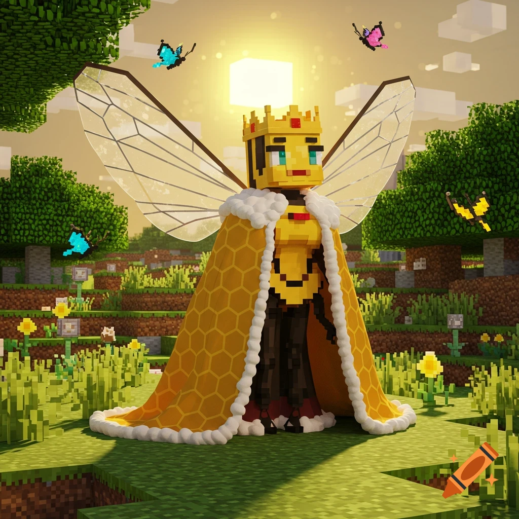 A pixelated queen bee character with a golden crown and honeycomb cloak stands in a sunny Minecraft-style world with butterflies.
