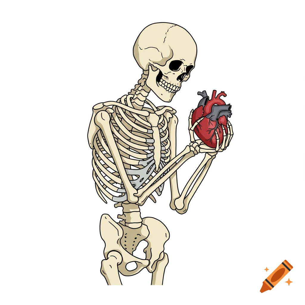 A stylized illustration of a skeleton holding an anatomical heart, looking down at it.