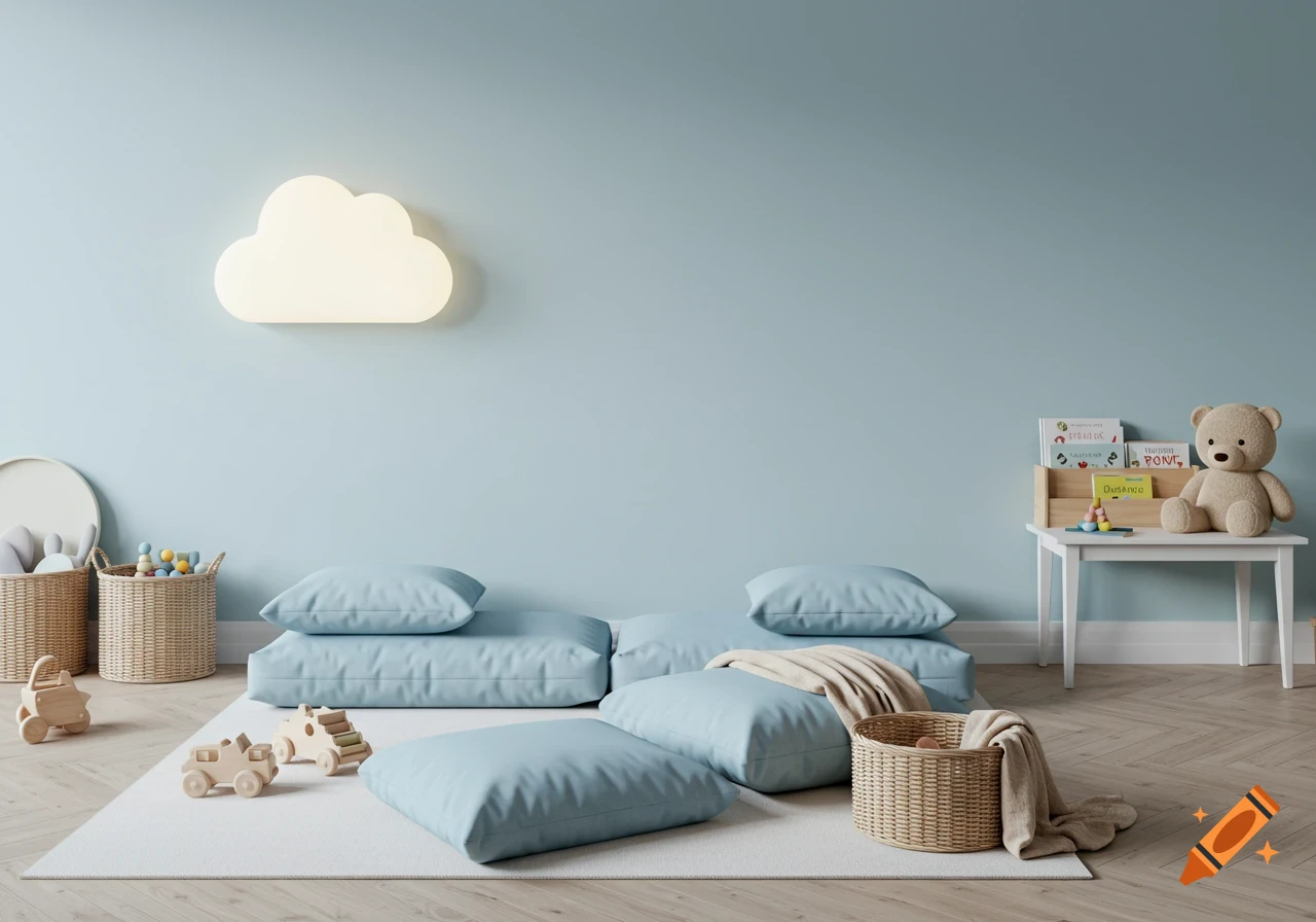 A light blue children's room with floor cushions, wooden toys, wicker baskets, a cloud light, and a teddy bear on a small table.