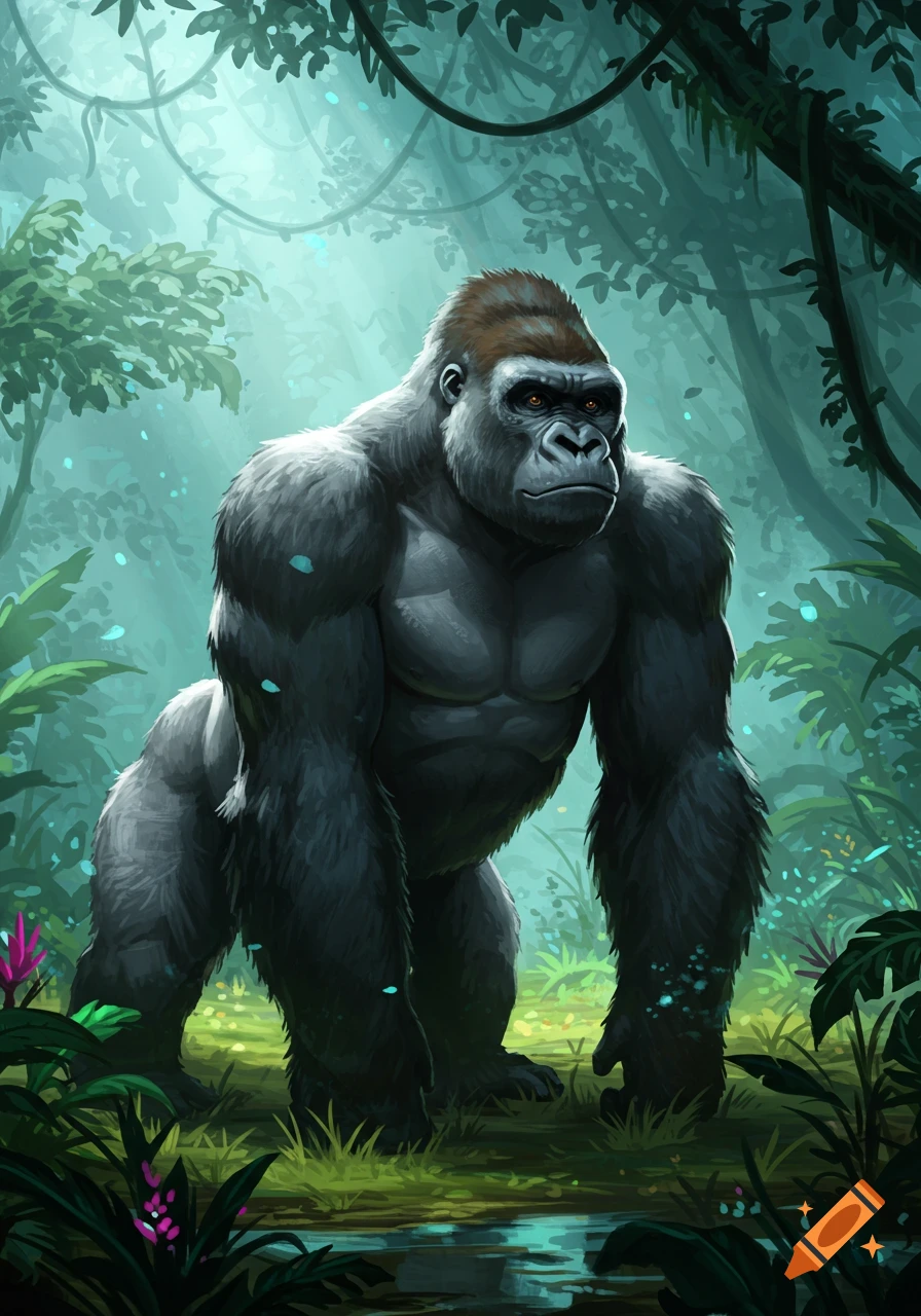 A large, powerful gorilla with dark fur stands in a lush, vibrant jungle with light filtering through the trees, in an illustrative style.